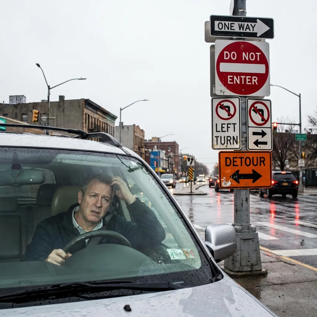 Highway regulatory sign reading SLOWER TRAFFIC KEEP RIGHT with traffic flowing in right lanes