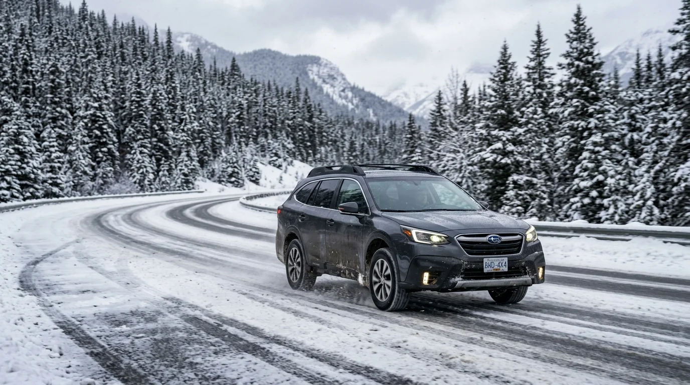 Modern anti-lock braking system ABS pulsing on snowy mountain curve