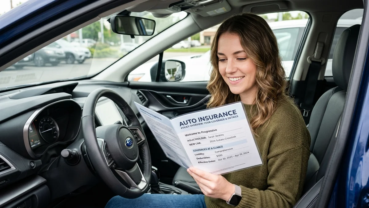 Young driver reviewing their new auto insurance policy coverage breakdown in their vehicle