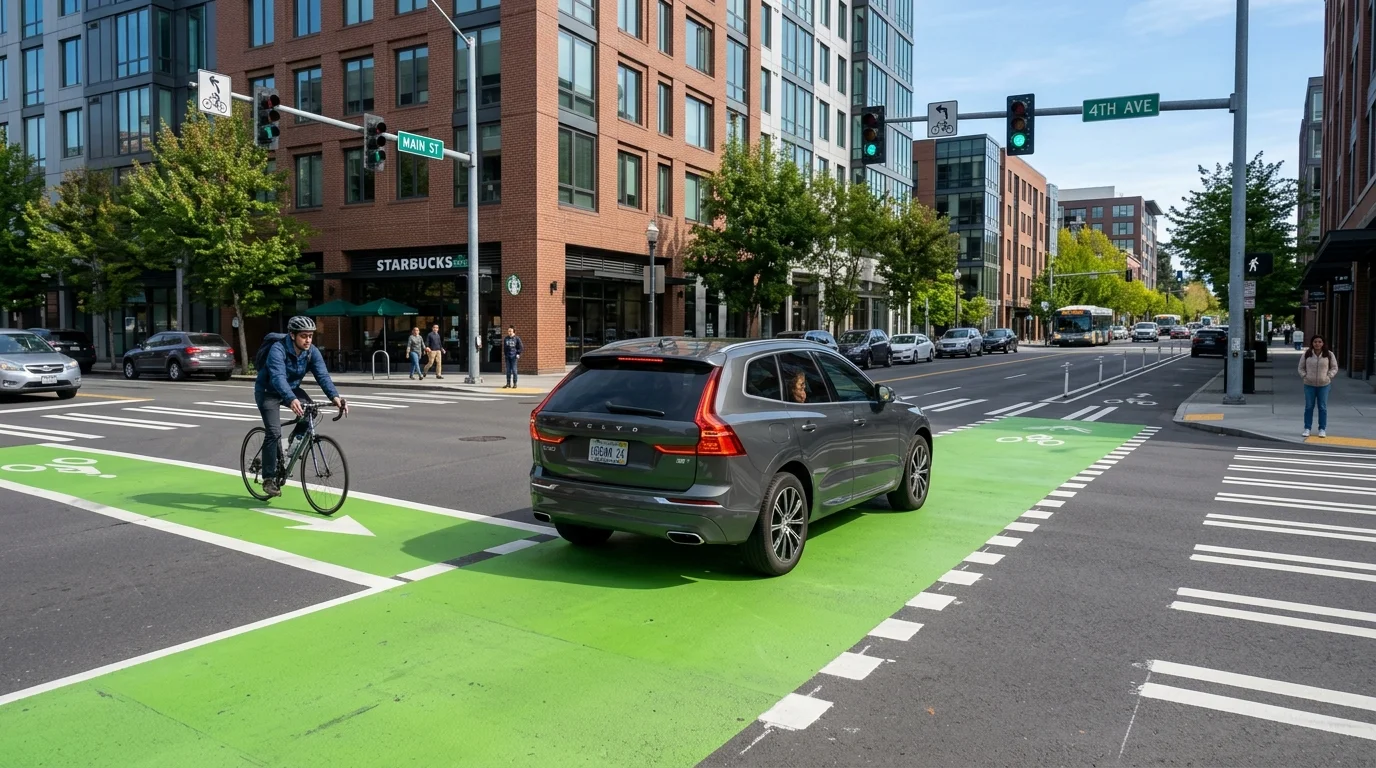 Driver correctly merging into a dashed bicycle lane before executing a safe right-hand turn