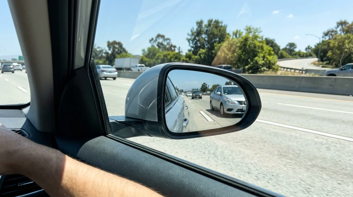 Driver adjusting side mirror using the SAE Blindzone and Glare Elimination method to view blind spots
