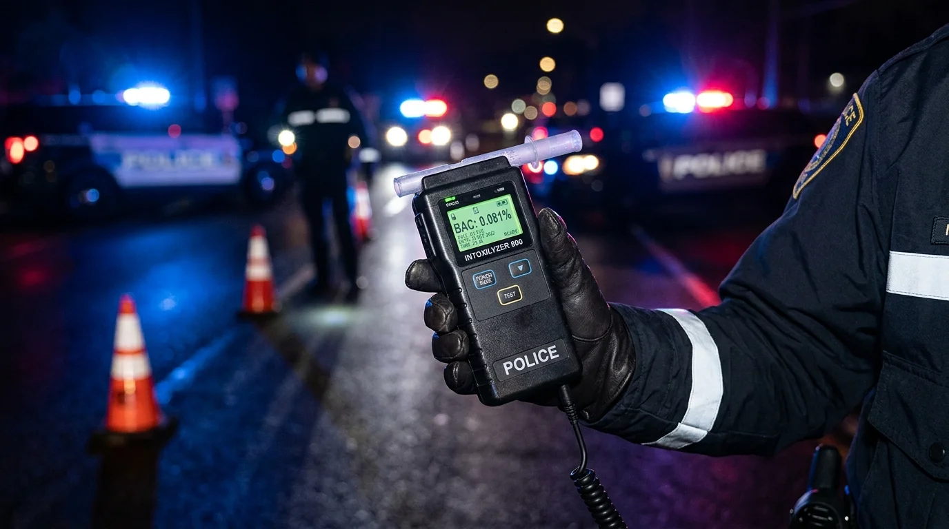 Police breathalyzer device testing blood alcohol concentration limits at a sobriety checkpoint