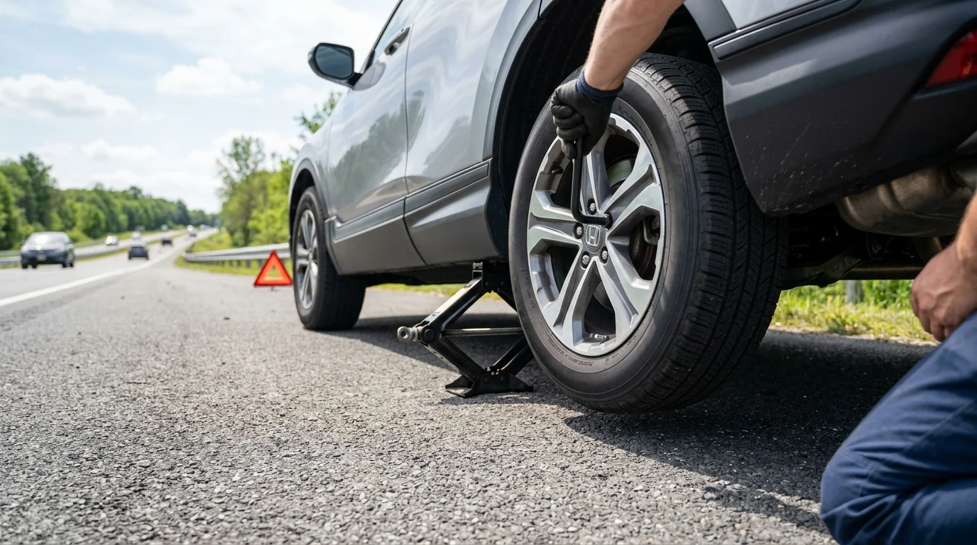 Driver replacing a flat tire using a scissor jack and lug wrench on roadside