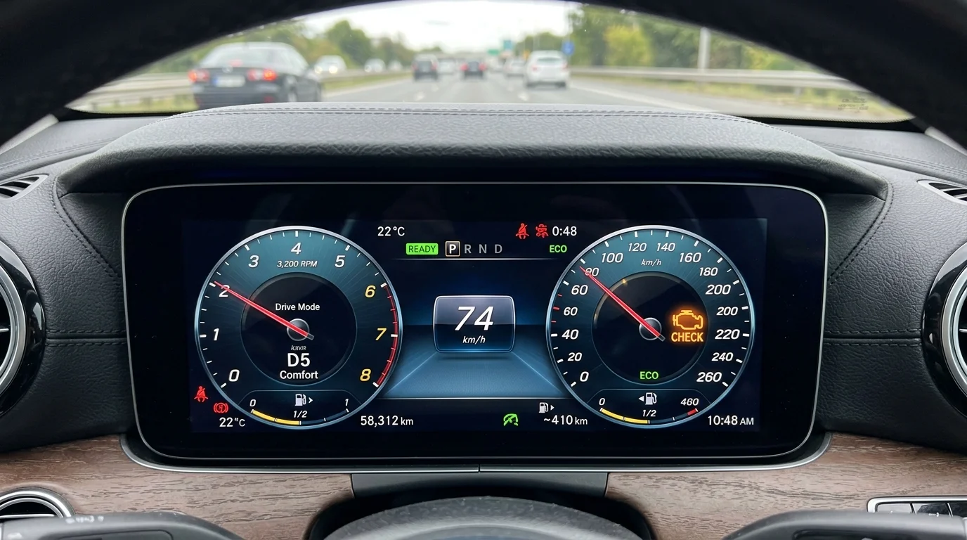 Electric vehicle plugged into a Level 3 DC fast charger displaying charging speed and battery percentage