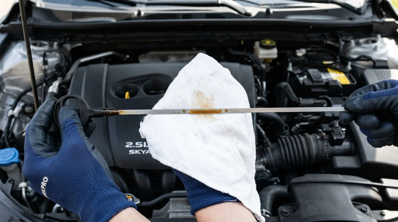 Hands pulling and reading an automotive oil dipstick showing oil level between minimum and maximum marks
