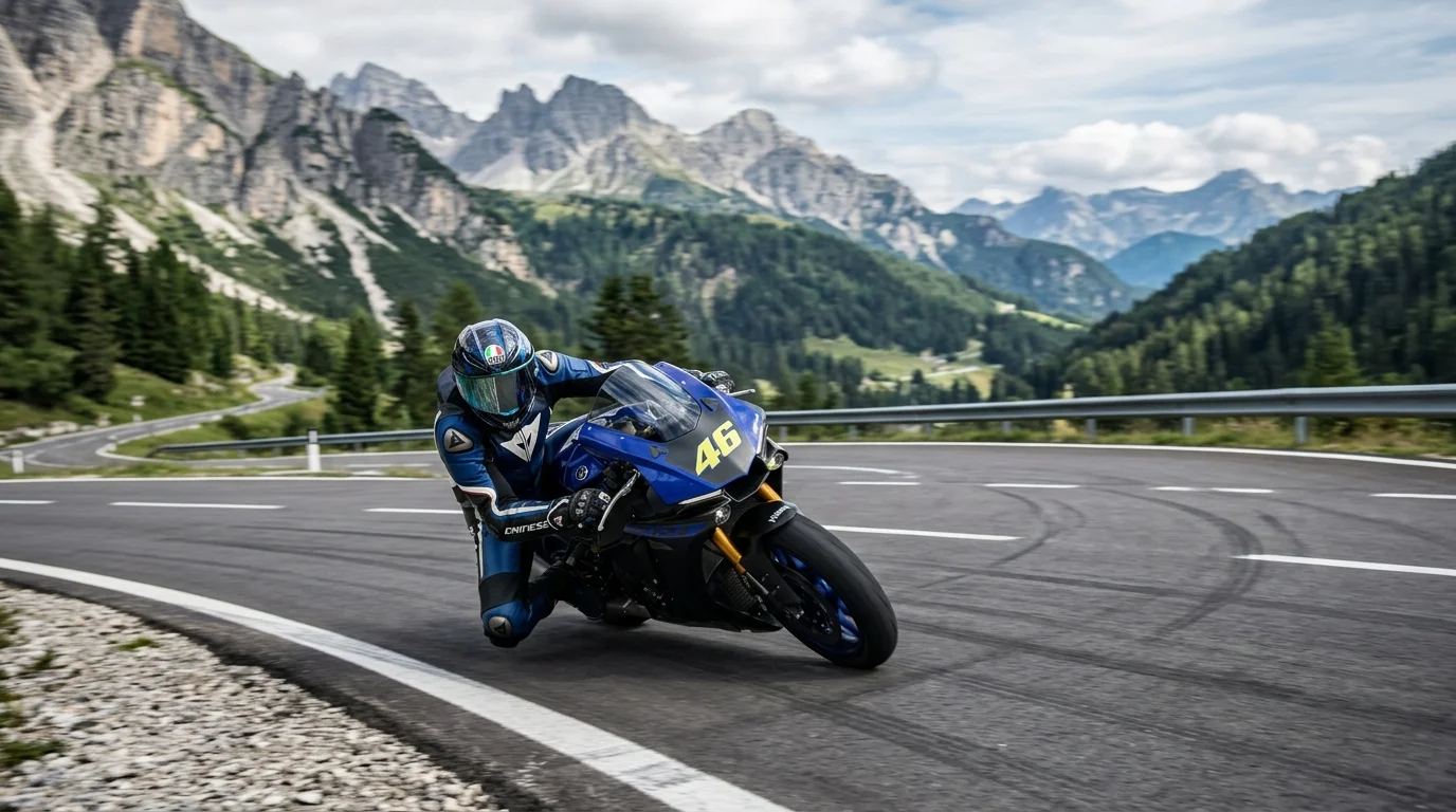 Motorcyclist countersteering through a high-speed sweeping highway curve