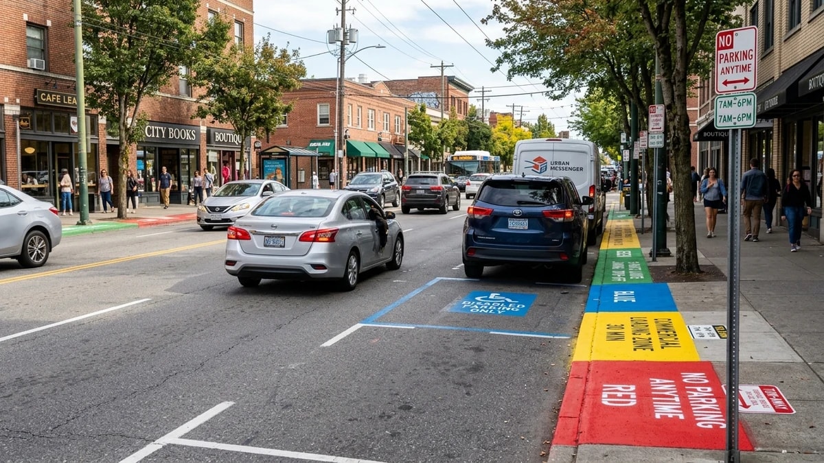 Street curb showing distinct painted sections in red, white, yellow, green, and blue designating municipal parking regulations