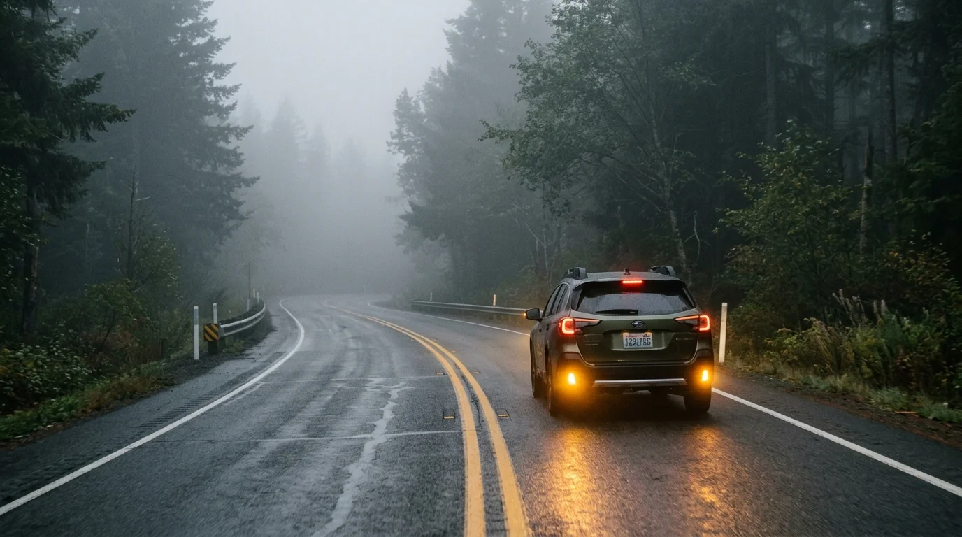 Car driving through thick valley fog using low-beam headlights and following the white edge line