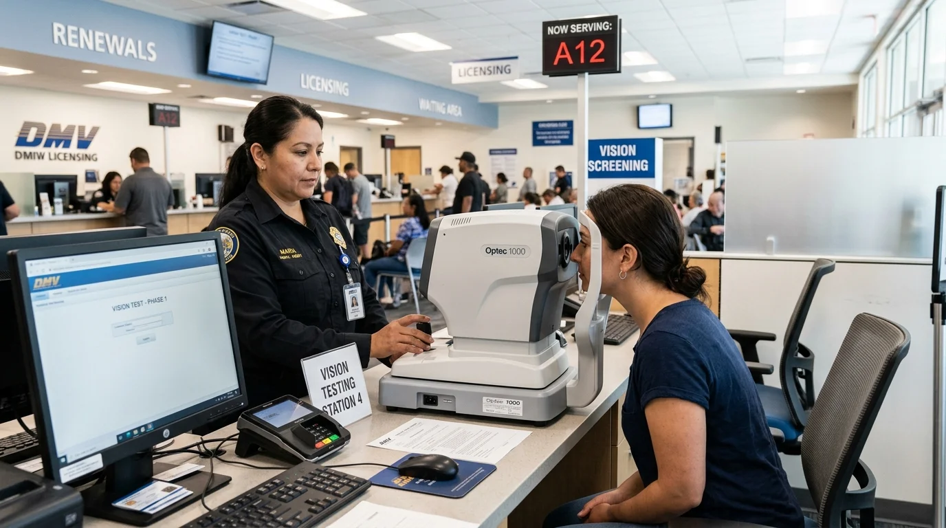 DMV Snellen eye chart and optometrist examination for driver license renewal