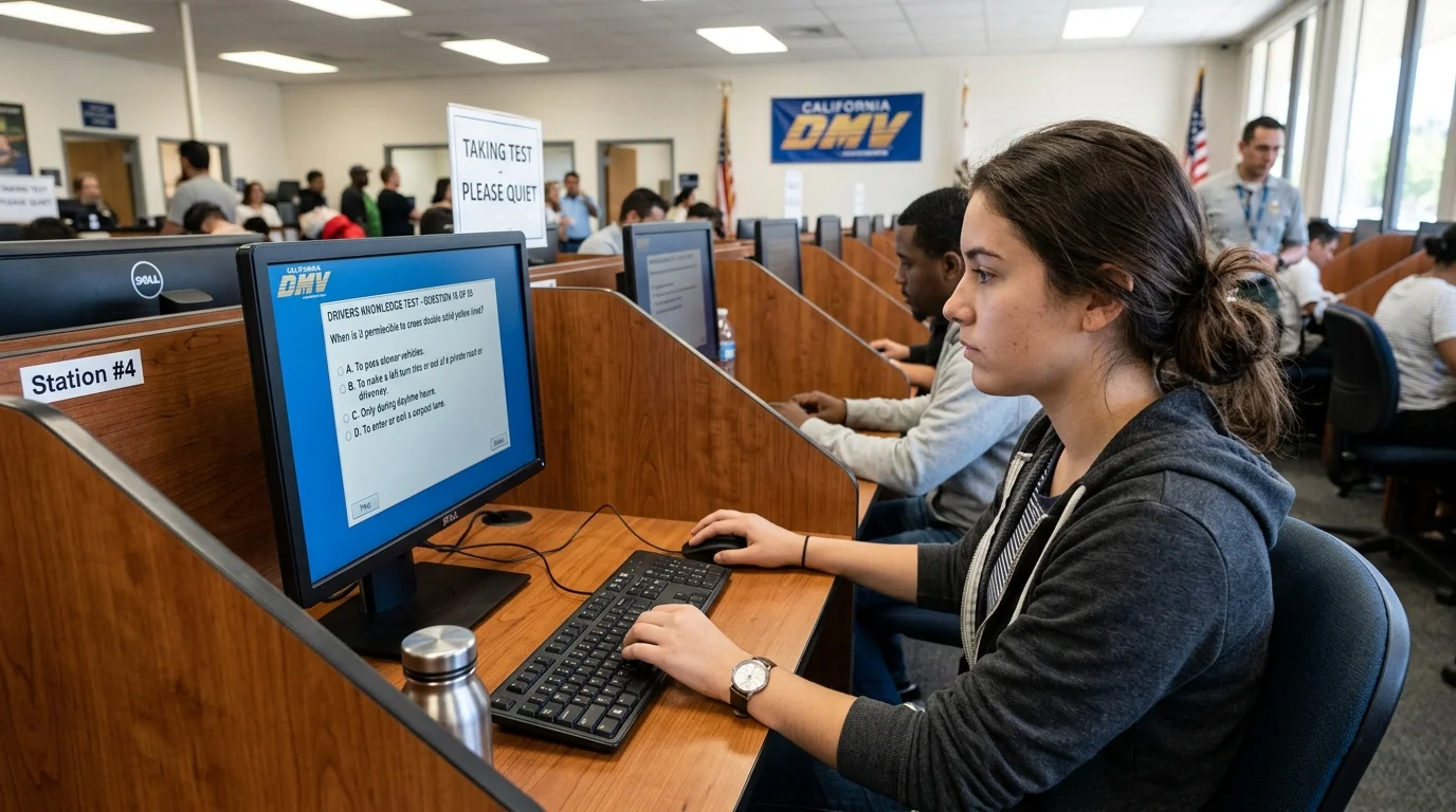 Student taking the DMV knowledge permit written exam at a computer terminal