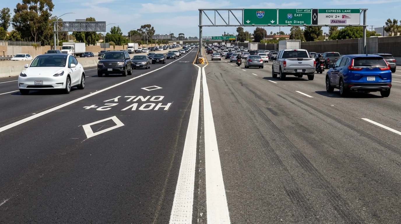 Highway lanes separated by double solid white lines prohibiting lane changes into the carpool buffer zone