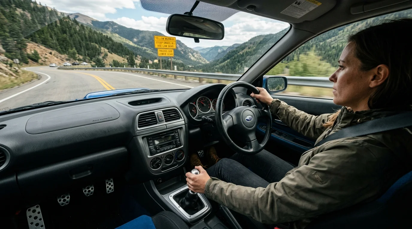 Car descending a steep mountain switchback road using engine braking