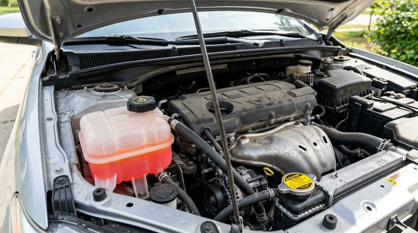 Clear plastic coolant expansion tank with bright pink antifreeze between MIN and MAX level indicators