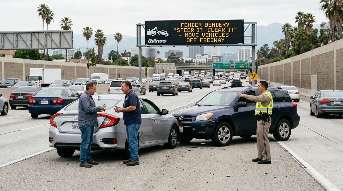 Two passenger cars safely pulled over onto the far-right freeway shoulder after a minor scratch