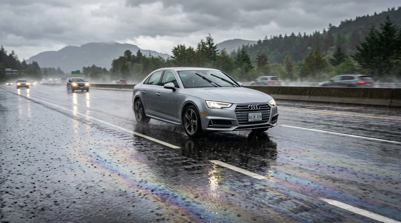 Raindrops falling on asphalt creating a soapy slick film of oil and water during first rain