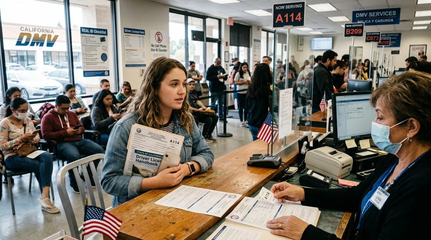 Excited first-time driver applicant checking in at DMV front intake desk