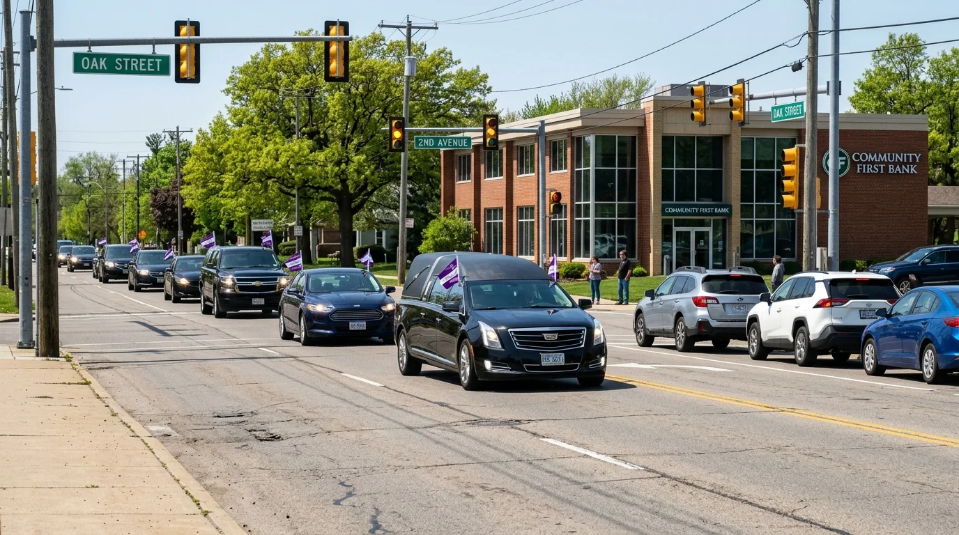 Funeral procession cars driving in single file with headlights on and purple flags