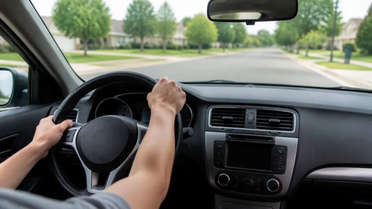 Driver hands positioned at 9 and 3 on modern steering wheel demonstrating push-pull steering