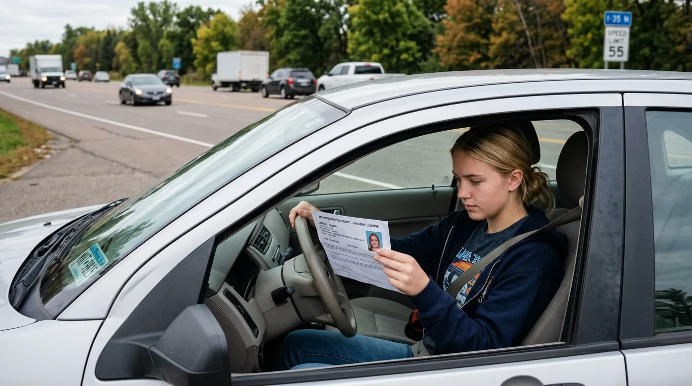 High school student reviewing minor hardship license paperwork and vehicle keys
