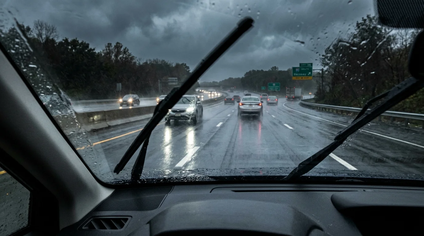 Vehicle driving through rainstorm with headlights illuminated and windshield wipers active