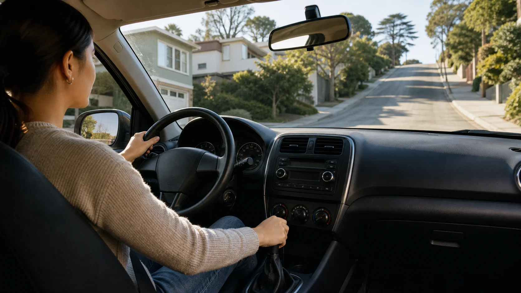 Driver executing a steep uphill start in a manual car using handbrake lever