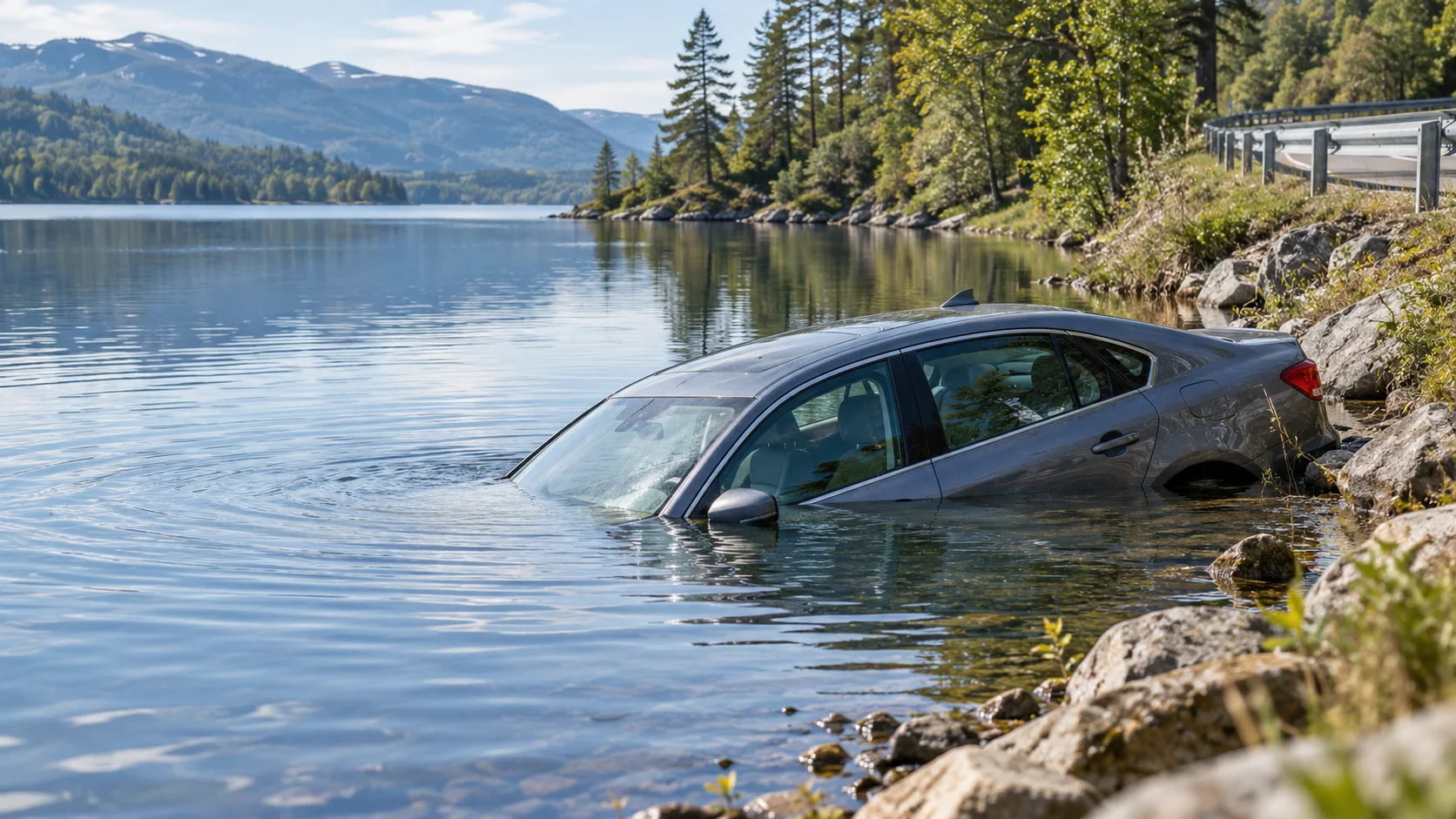 Passenger car partly submerged in a lake beside a road