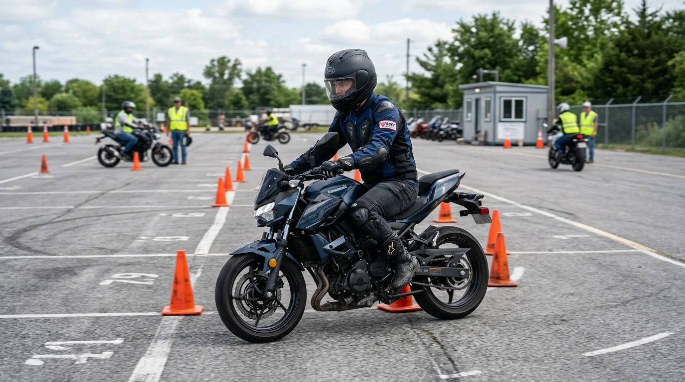 Motorcycle rider practicing cone weave maneuvers during an MSF Basic RiderCourse
