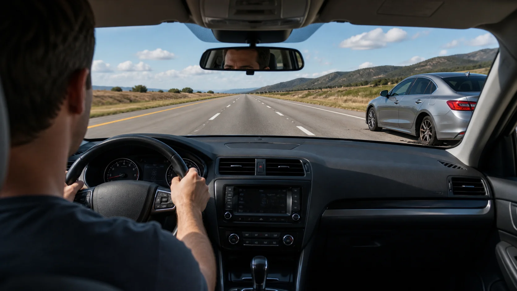 Long straight desert highway stretching into the horizon illustrating highway hypnosis risks
