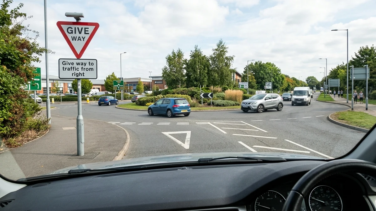 Overhead perspective of vehicles smoothly circulating through a multi-lane roundabout intersection
