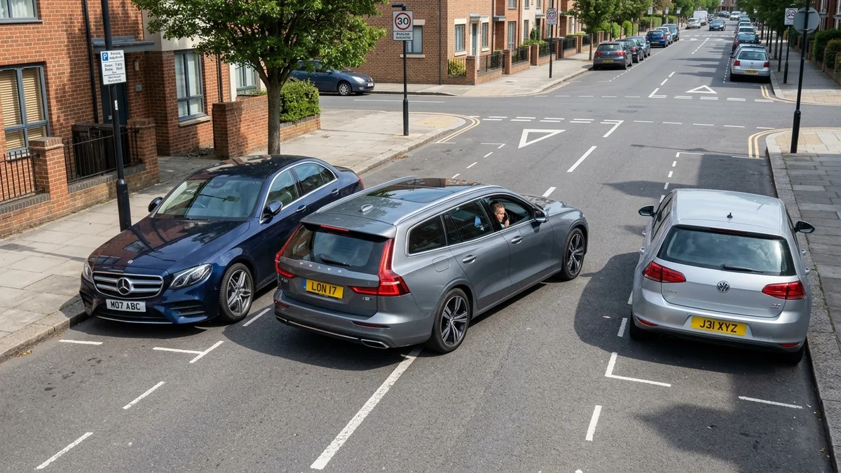 Curbside aerial view of a car maneuvering smoothly into a parallel parking space