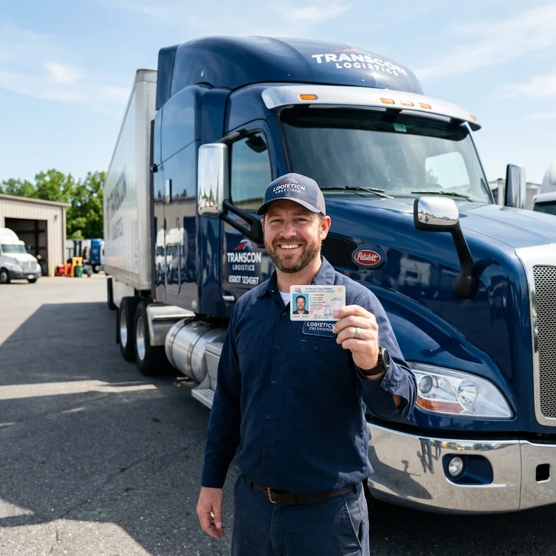 Student commercial truck driver studying CDL manual in cab of a semi-truck