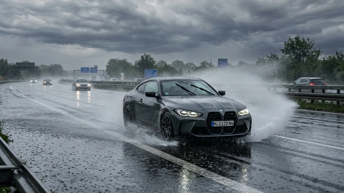 Modern car driving safely through heavy rainfall and highway puddles with active wipers