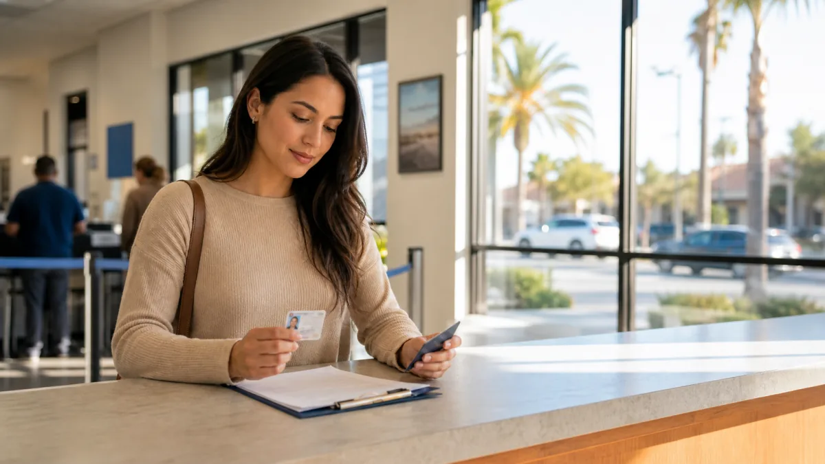California DMV driver license renewal documents and application fee card