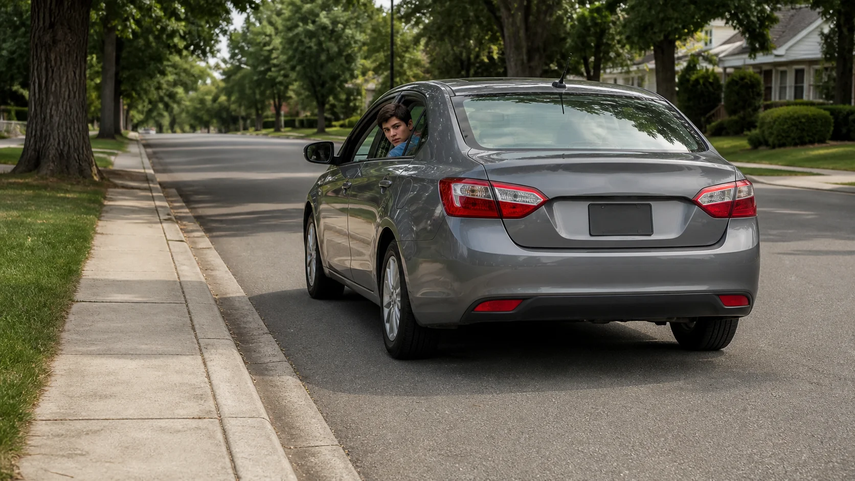 Driver with right arm over passenger seat looking directly out the rear window while backing parallel to a sidewalk curb