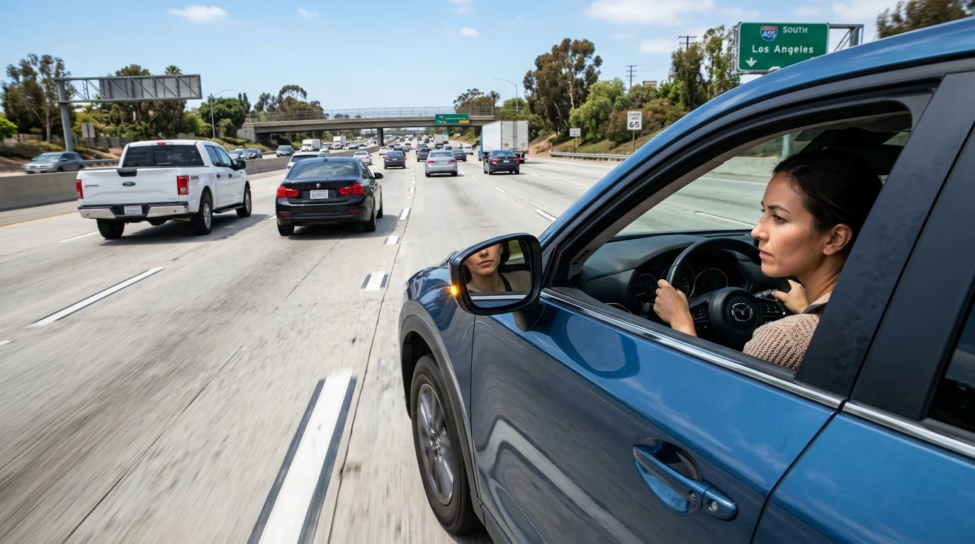 Modern passenger car executing a smooth lane change on a 4-lane interstate highway