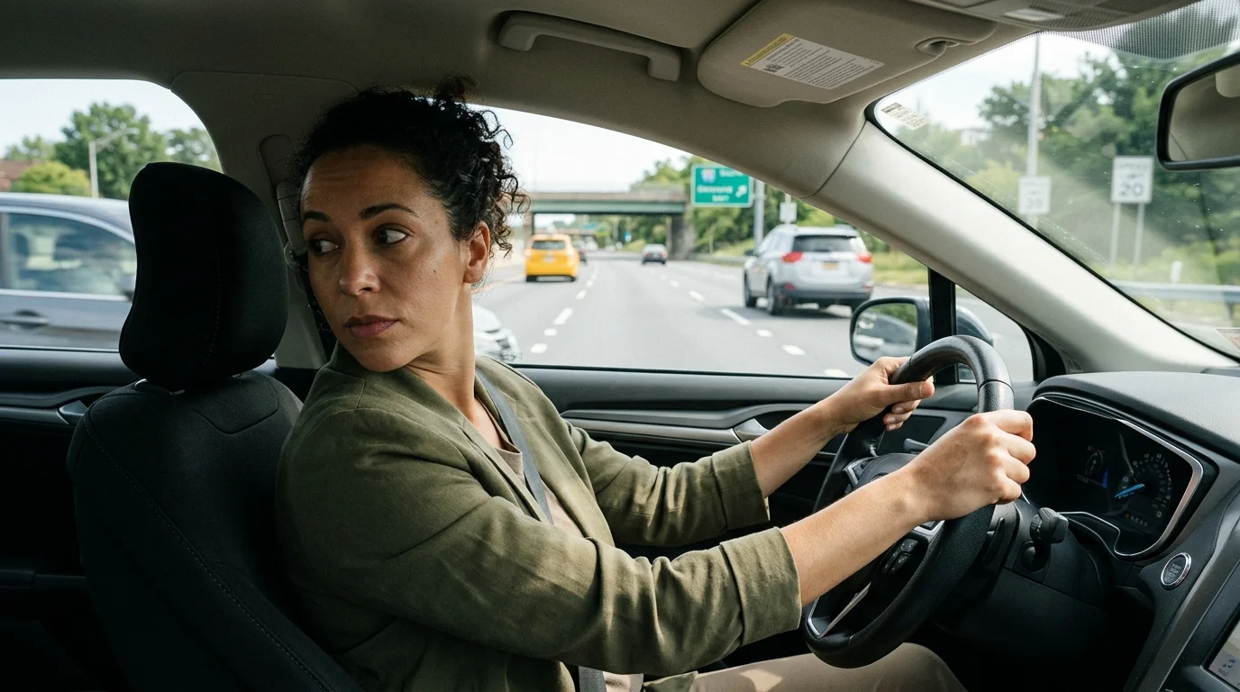 Driver rotating chin toward left window while maintaining stable hands on steering wheel