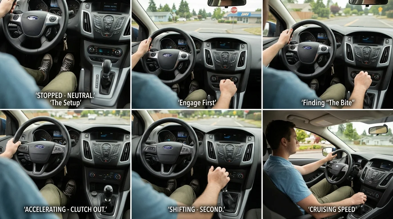 Driver hand on 6-speed manual gear shifter and foot on clutch pedal in a manual car