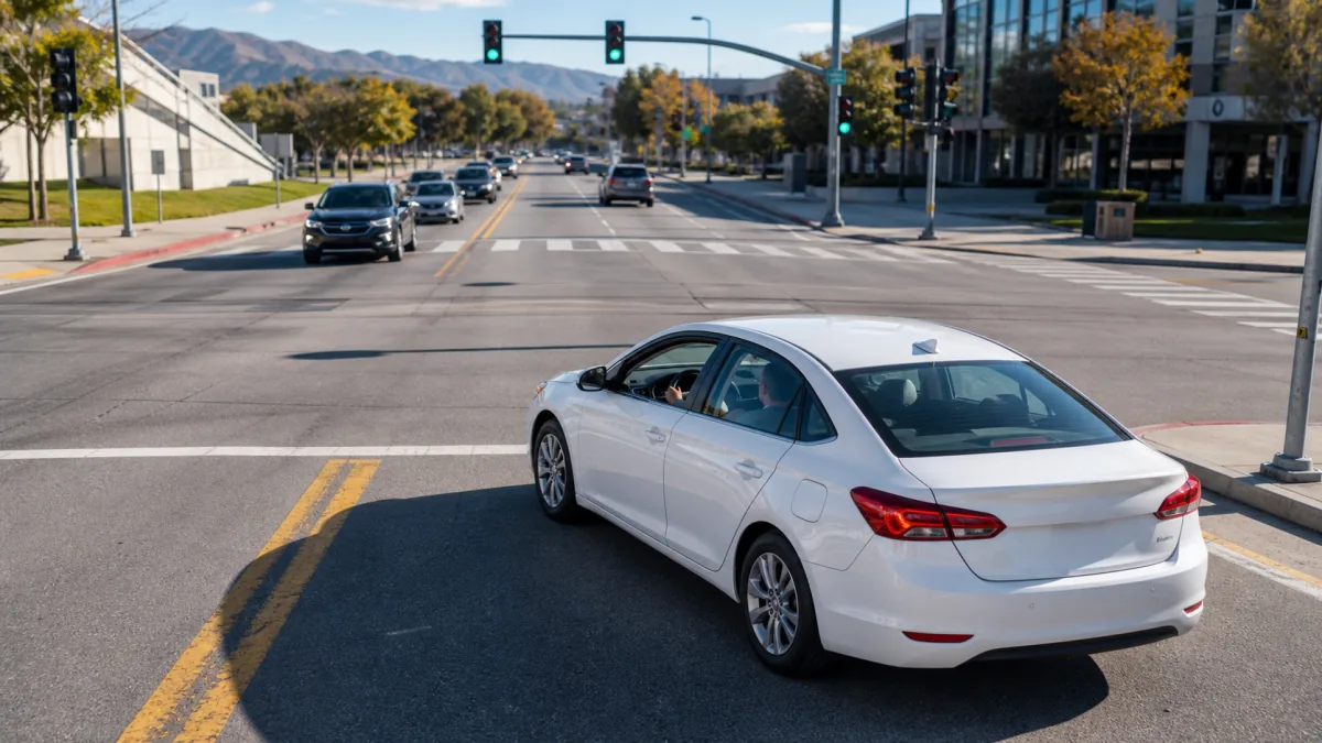 Car waiting with wheels straight in the center of an intersection to execute an unprotected left turn