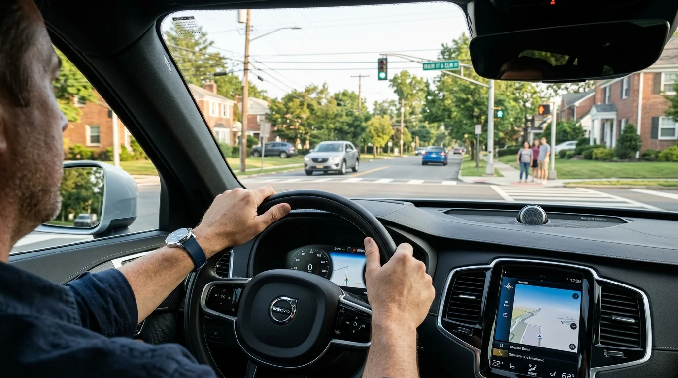 Driver smoothly executing a precise 90 degree right turn at a city intersection