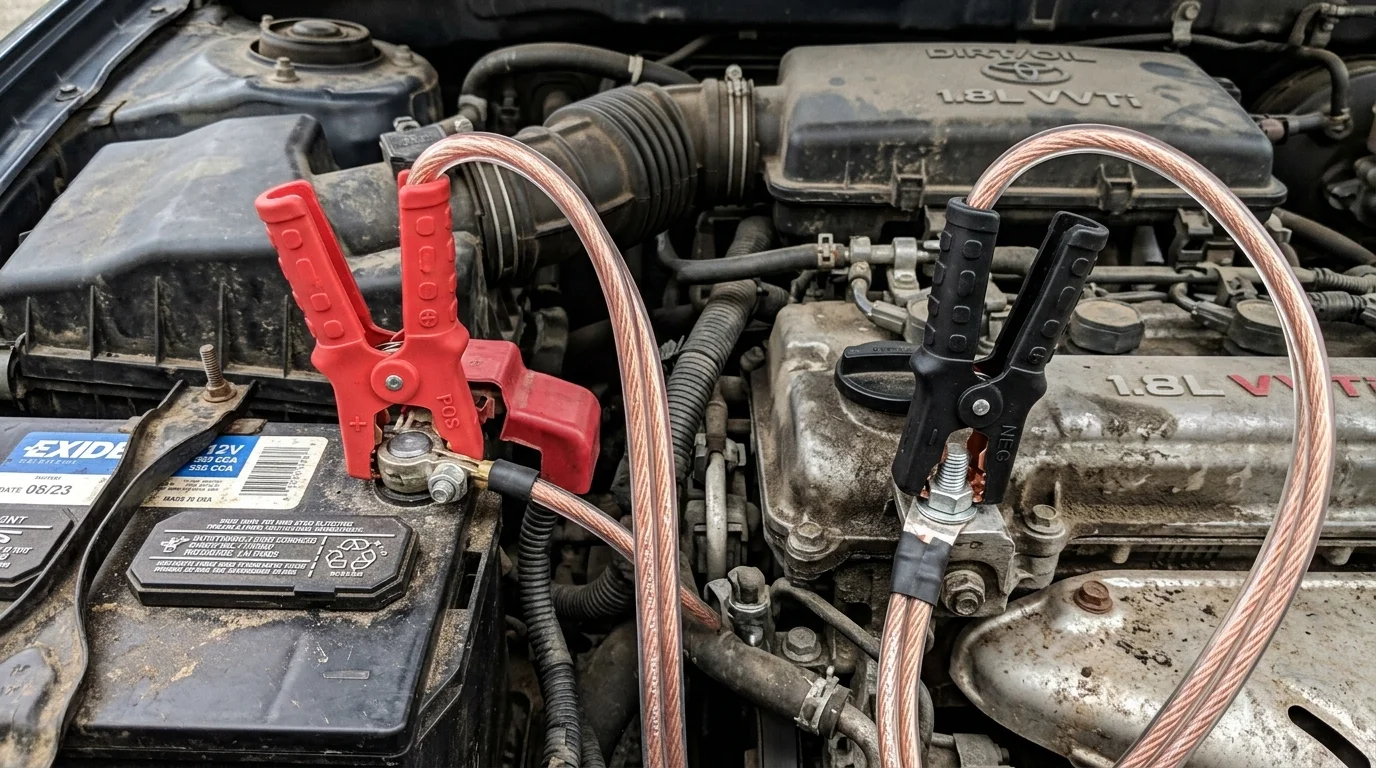 Technician connecting red and black jumper cables to car battery terminals safely