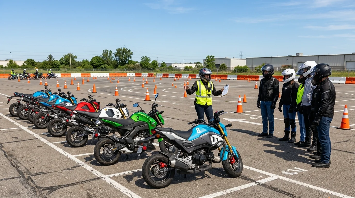 Student rider executing an emergency swerve maneuver on an MSF training range course
