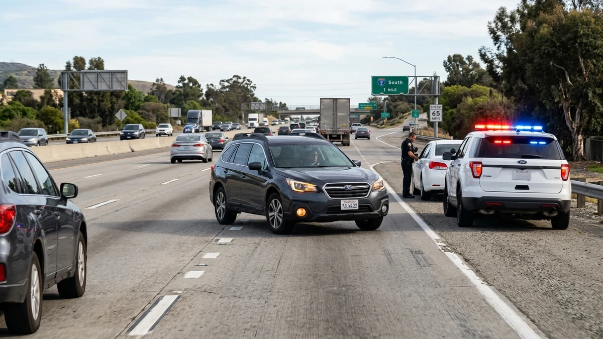 Driver on a multi-lane highway moving over one lane to provide a buffer for a police car and emergency responders on the right shoulder