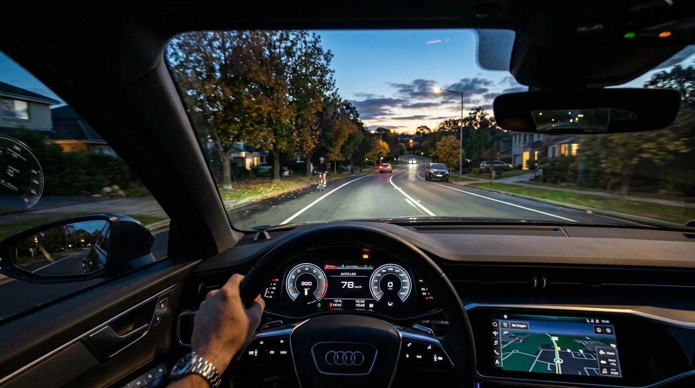 Car driving on suburban road at night with headlights illuminating roadway and lane lines