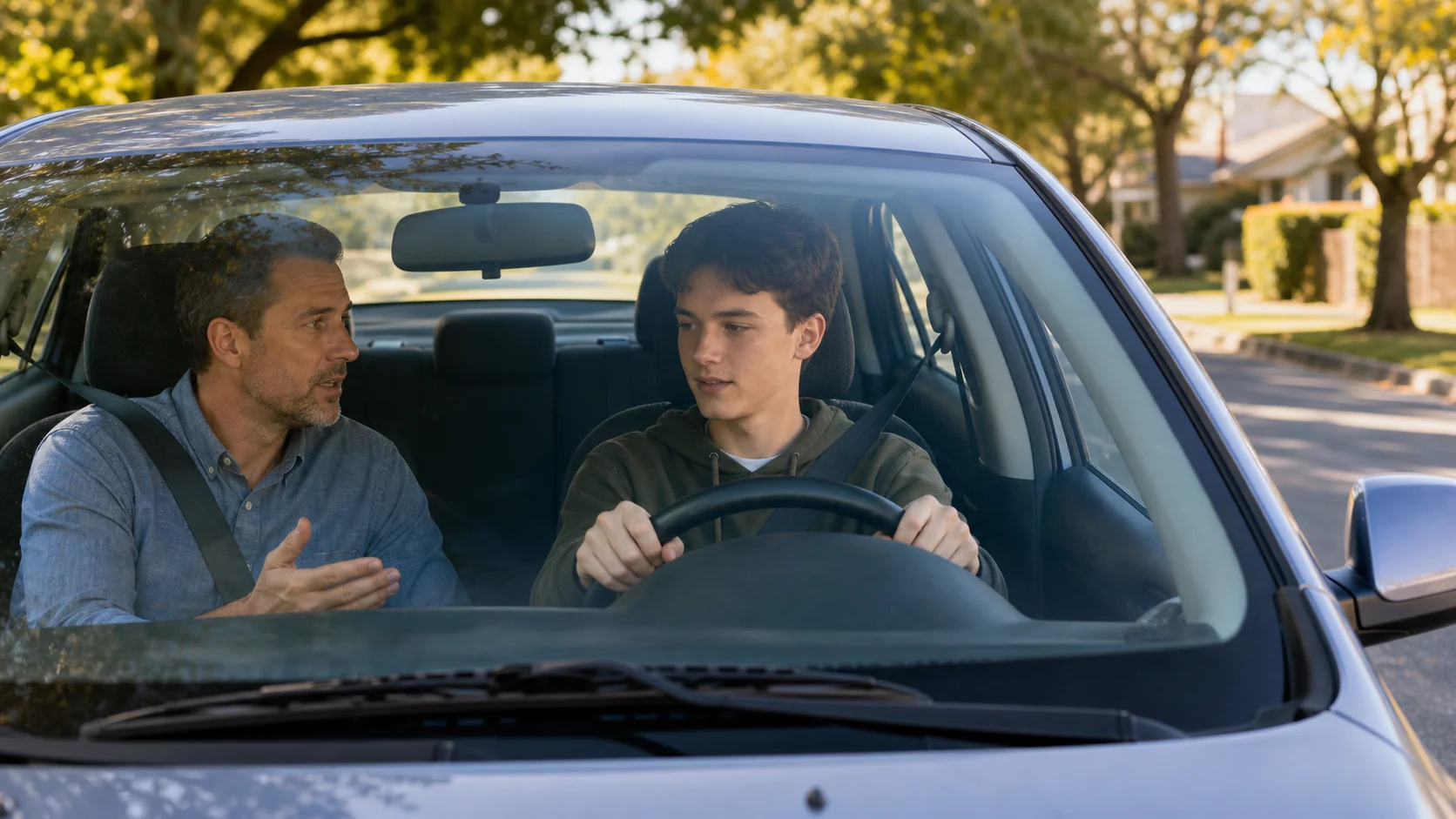 Calm parent coaching teen daughter behind the wheel of a training vehicle