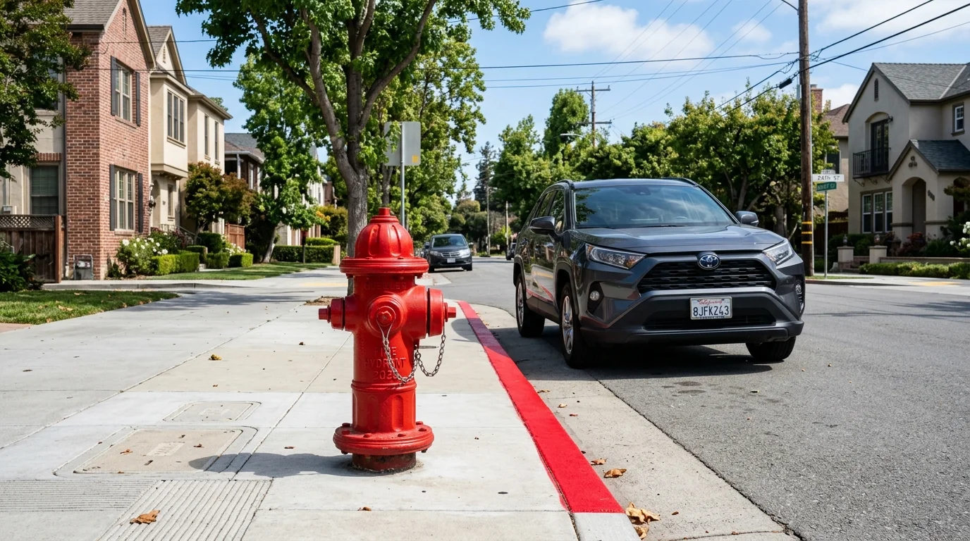 Curbside street parking showing distance measurements from a fire hydrant, stop sign, and marked pedestrian crosswalk