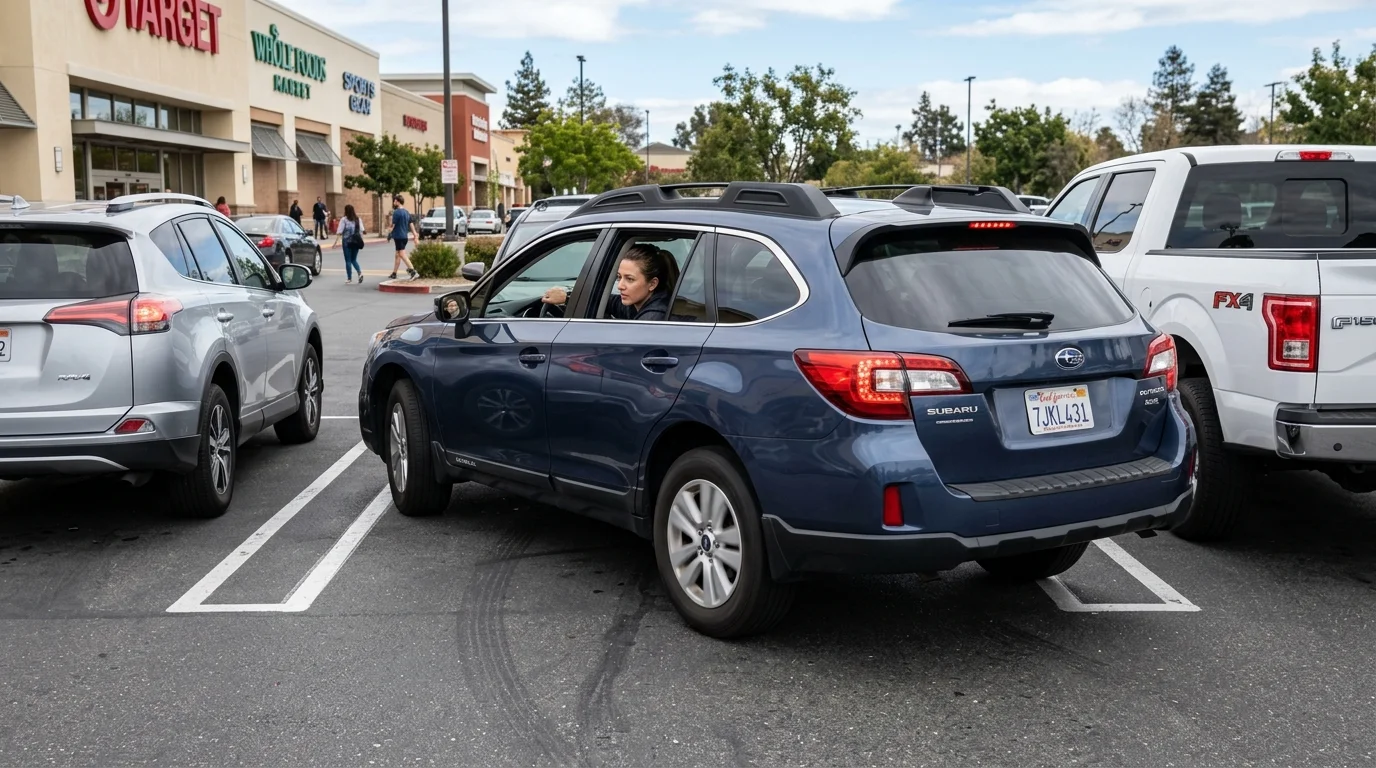 Car smoothly reversing into a perpendicular 90 degree parking space between two vehicles