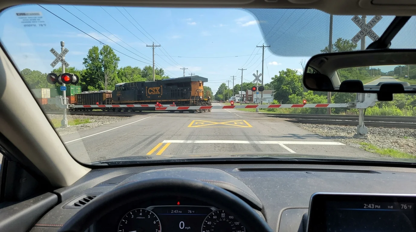 Railroad grade crossing with flashing red warning lights, lowered gate arms, and white crossbuck sign