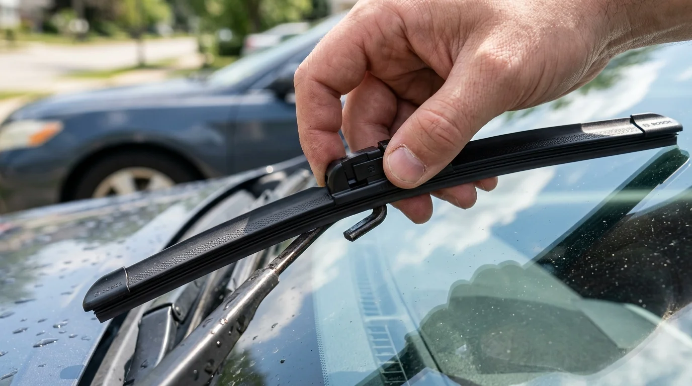 Person installing a new frameless beam windshield wiper blade onto a metal J-hook wiper arm