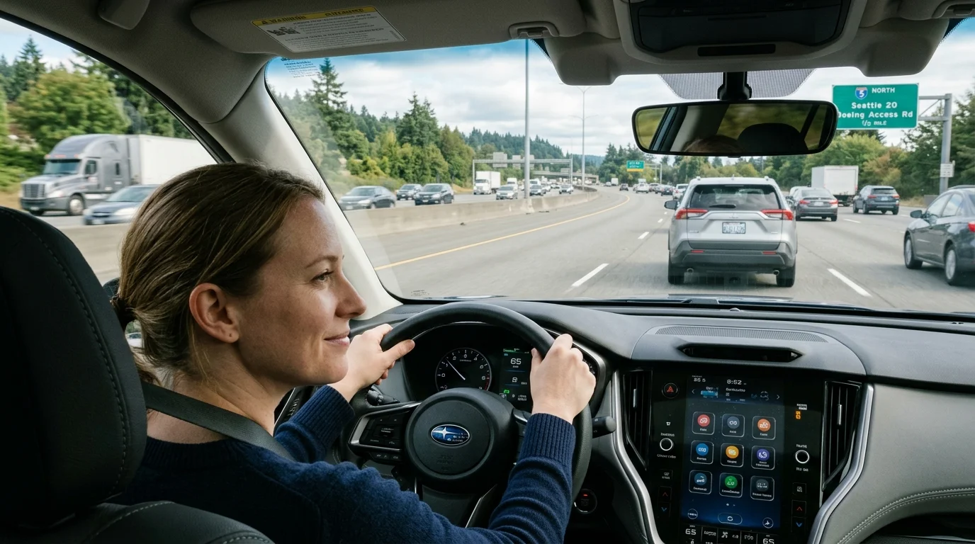 Calm driver looking straight ahead while ignoring an enraged aggressive driver in adjacent lane