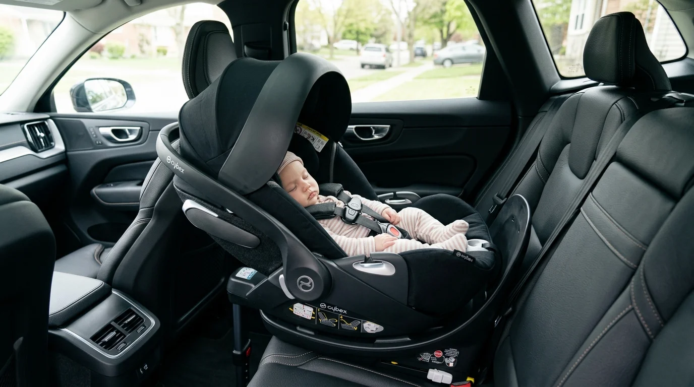 Parent correctly securing a child into a rear-facing infant car seat in the back seat of a passenger vehicle